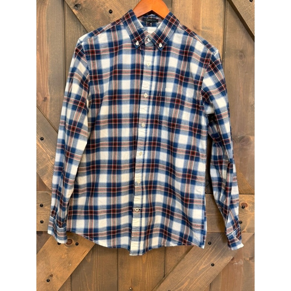St. John's Bay Plaid Button Down Mens Small Blue Red Excellent Classic Fit